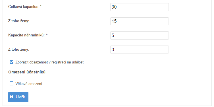 registrace nastaveni obsazenosti kapacity